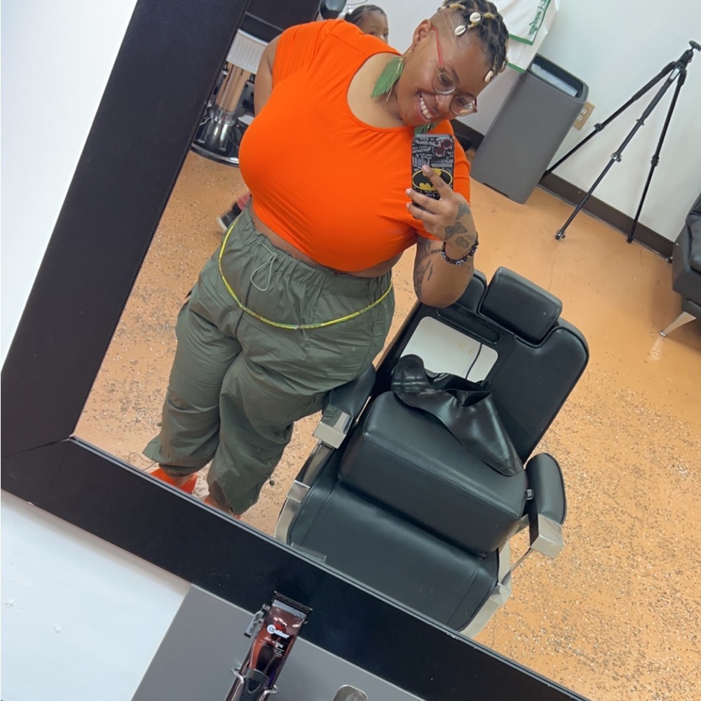 Green “paper bag” material drawstring pants